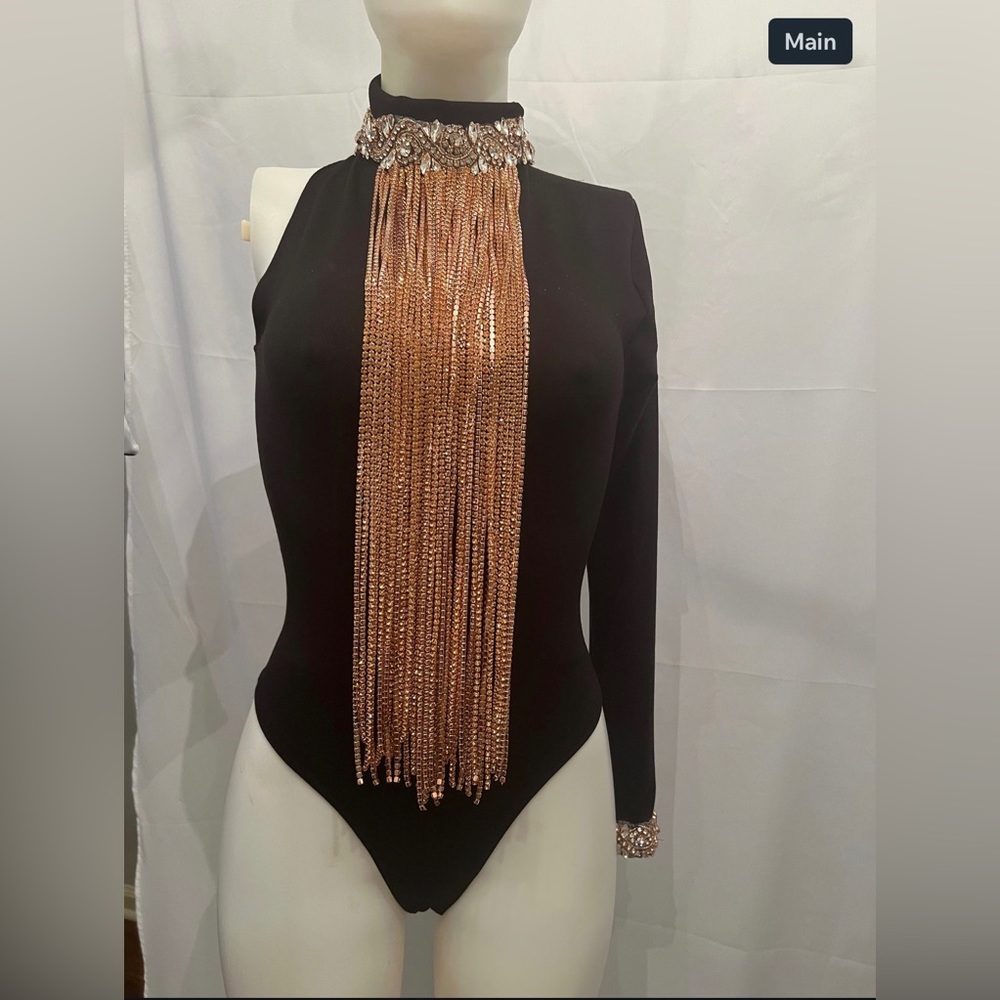 GORGEOUS Fancy By Francesca Watson Designer black bodysuit one sleeve with bling